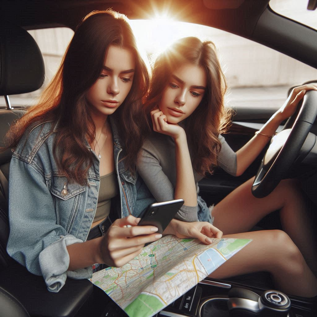 Two young women looking at a map and at GPS on a phone.